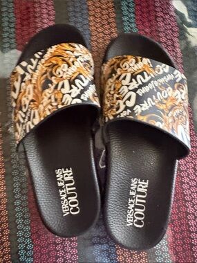 Versace Jeans Collection Black, Gold & White Baroque Slide Sandals